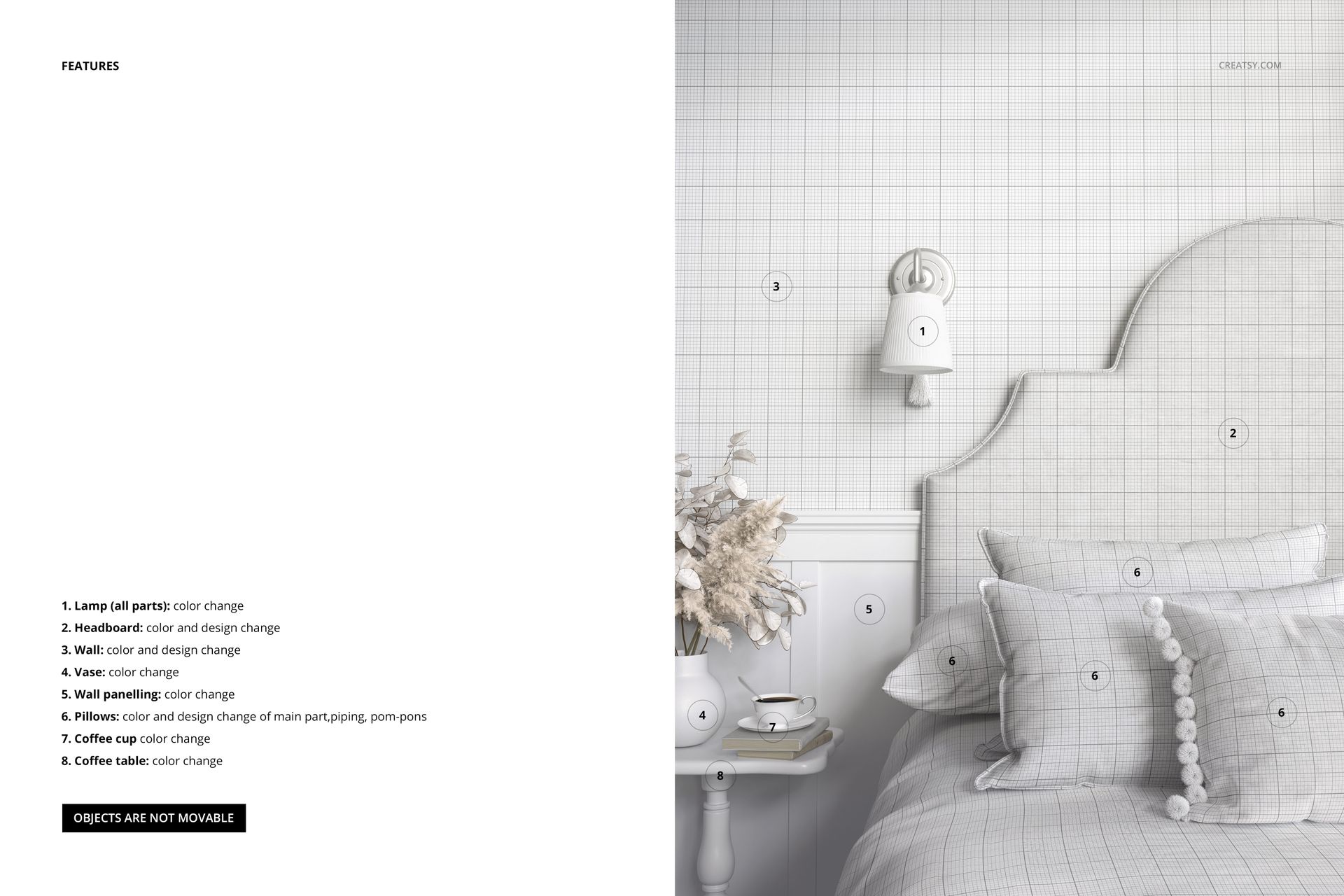 Front view of a bedroom scene with patterned pillows, upholstered headboard, and grid wallpaper mockup.