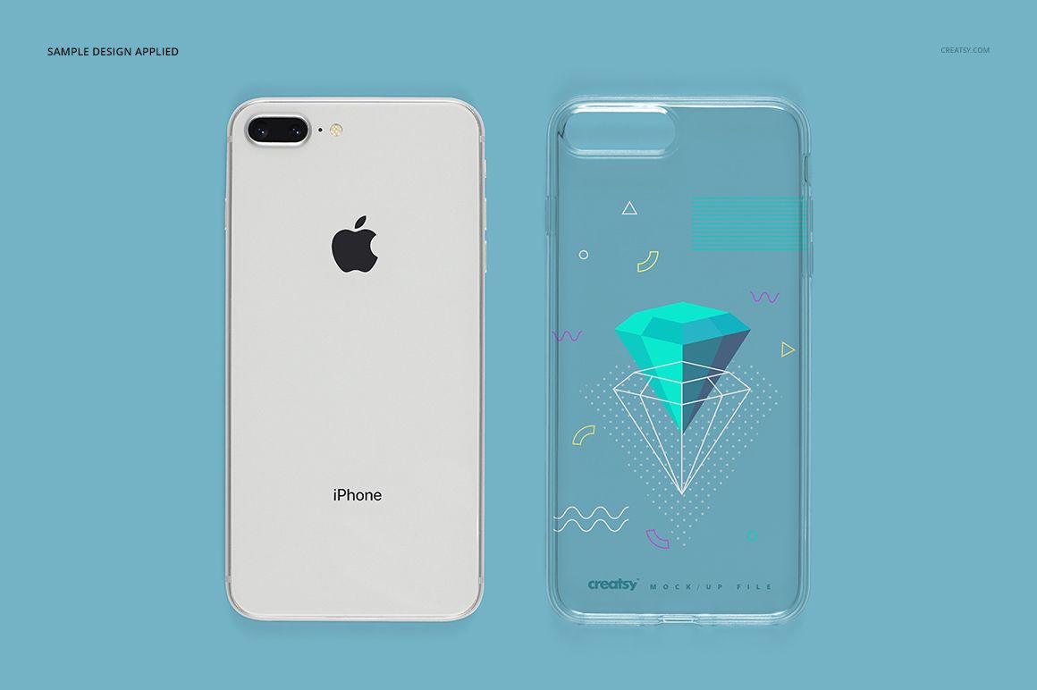 iPhone 8 Plus clear case mockup displaying a transparent case with colorful geometric patterns, back view on blue.