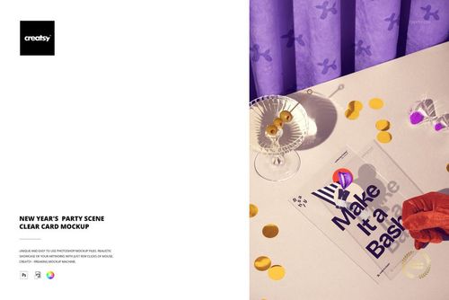 Clear card mockup displayed on a beige surface with gold confetti, cocktail glass, and purple curtain backdrop.