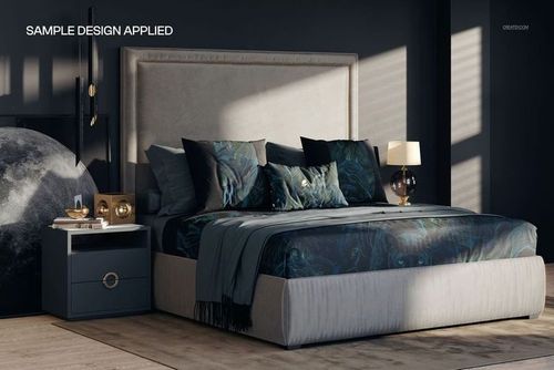 PSD mockup showing a contemporary bedroom setup with a plush bed, decorative pillows, and elegant modern furnishings.