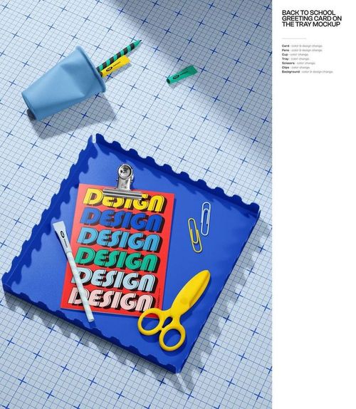 Back to school stationery mockup with vibrant accessories, paper clips, and a multicolored card on a blue tray.