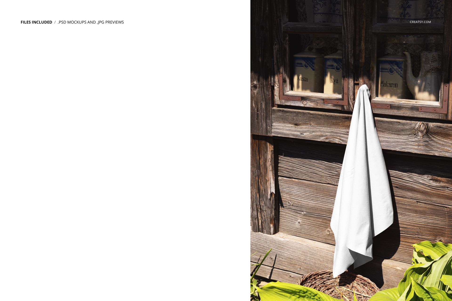 Plain white textile draped from a cottage window ledge, surrounded by wooden panels and green leaves, PSD mockup.