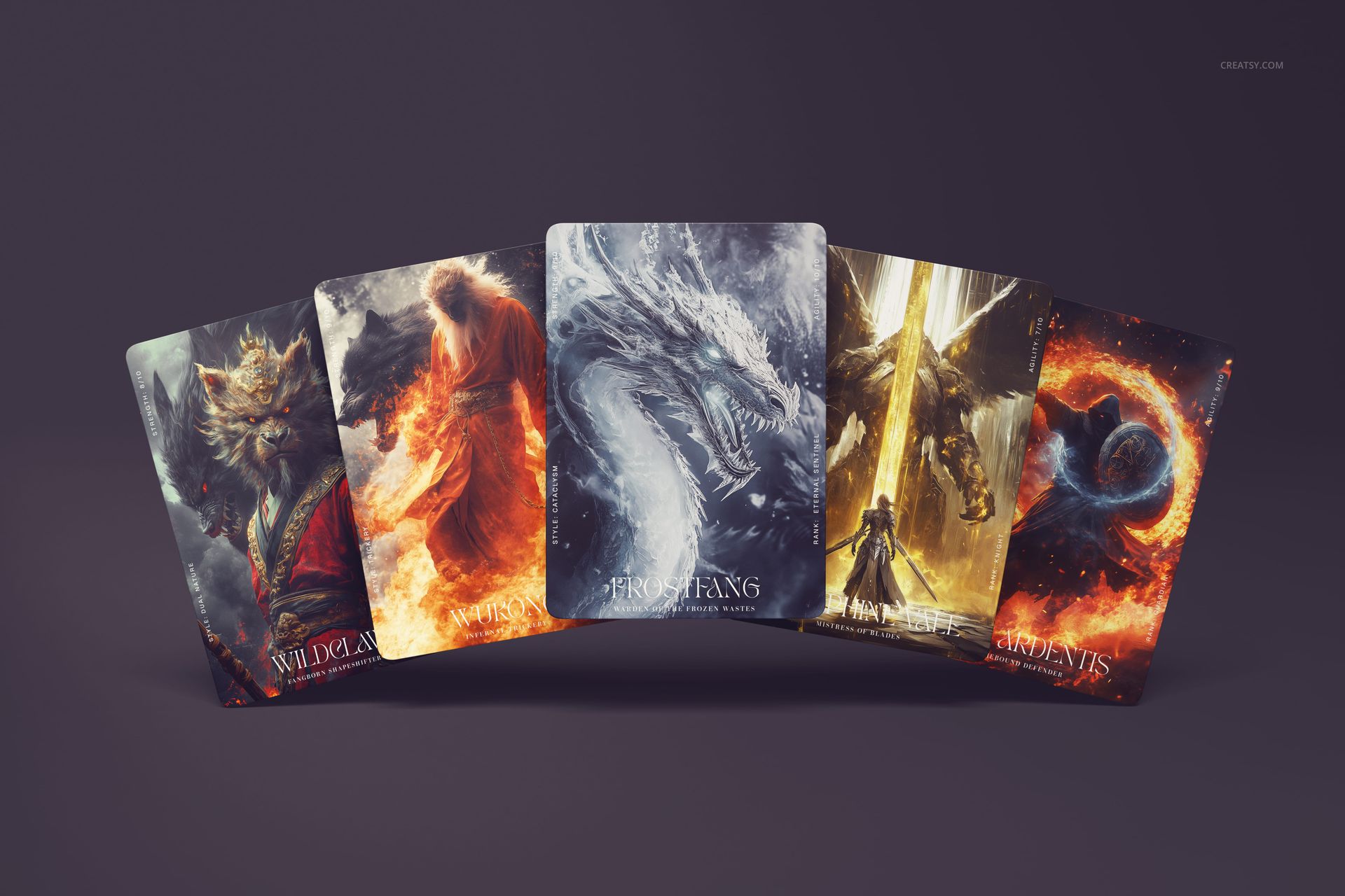 PSD mockup showing five illustrated trading cards with mythical creatures and characters, arranged side by side.