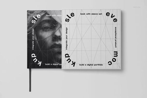 Open hardcover book and sleeve mockup set featuring monochrome colors and abstract line graphics on a white background.