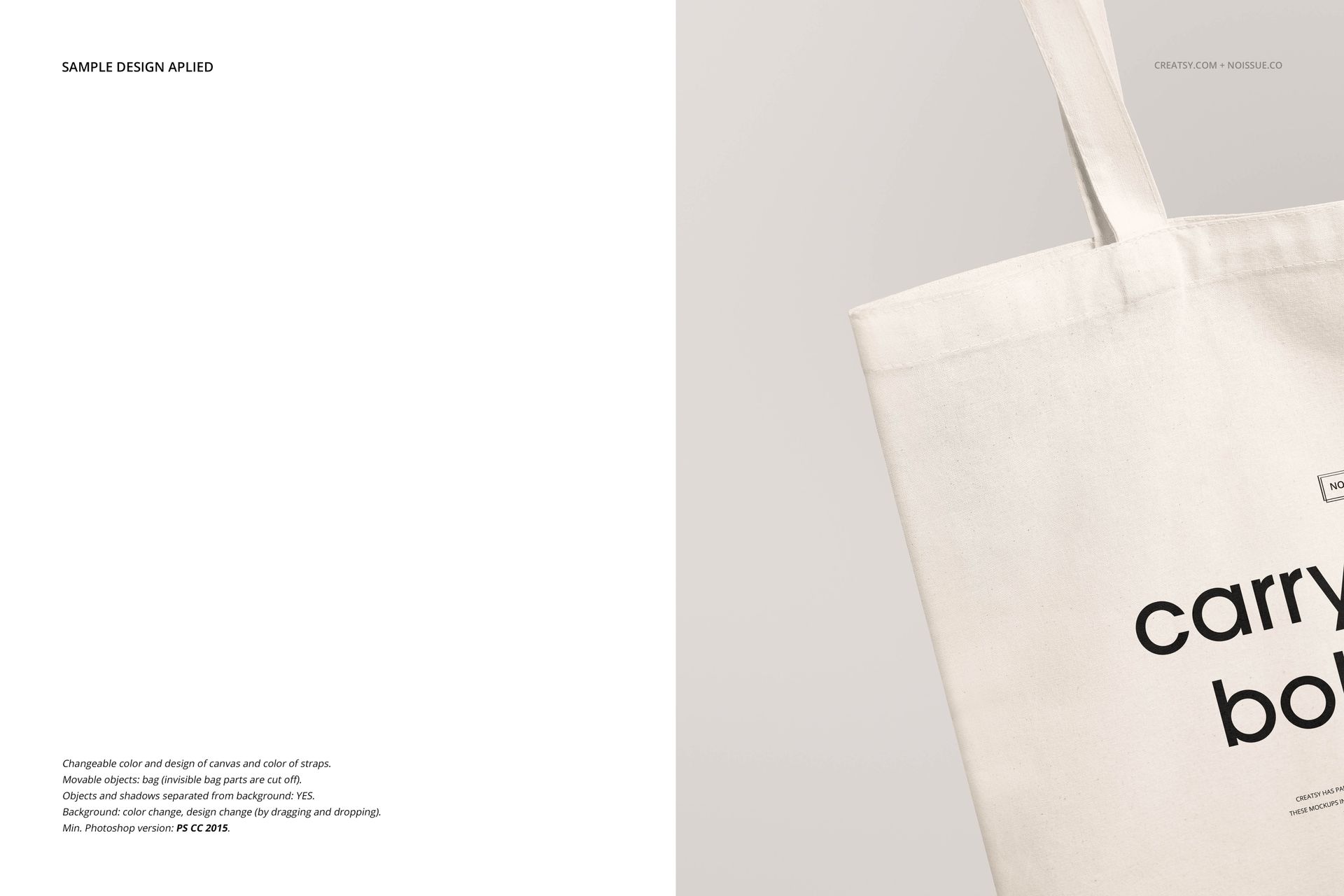 Front view of a plain tote bag mockup with light beige fabric, displayed against a neutral background.