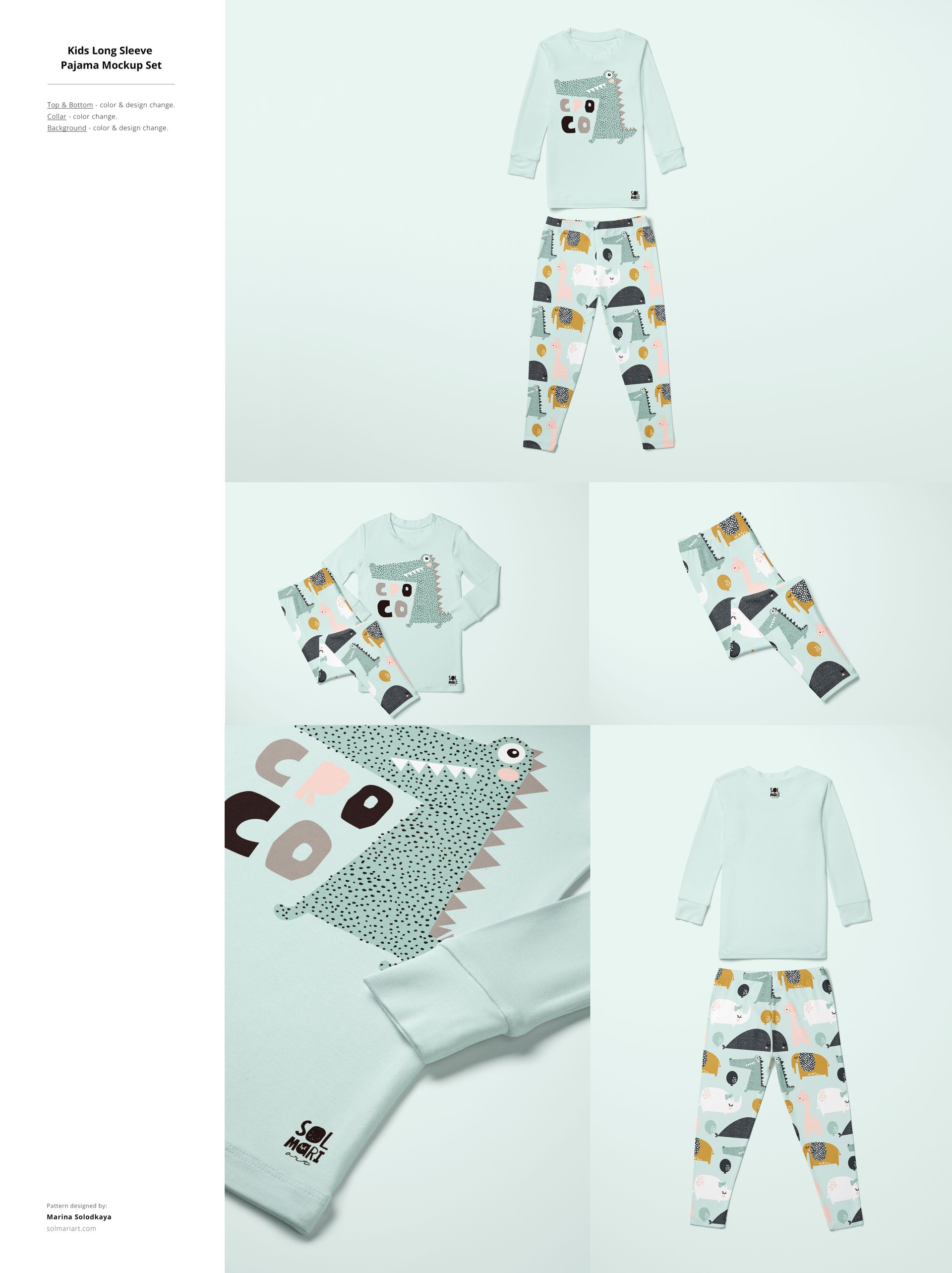 Kids long sleeve pajamas mockup set featuring light blue top with crocodile graphic and patterned pants, flat lay view.