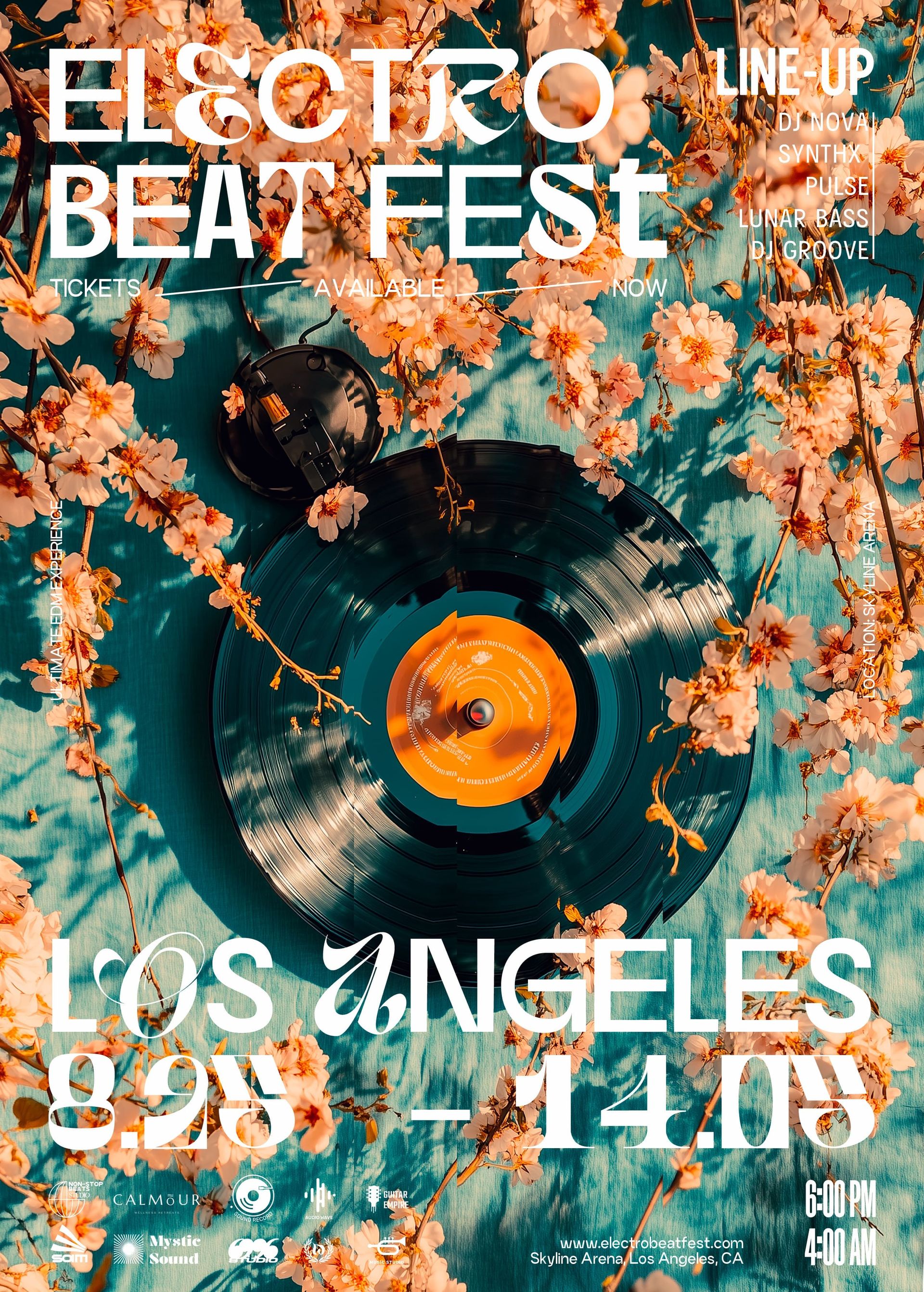 Poster mockup showing a black vinyl record surrounded by pink flowers on a blue background with festival details.