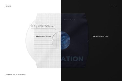 Mockup of a vinyl record in a paper sleeve with poly lining, displayed with cut corners and editable design options.