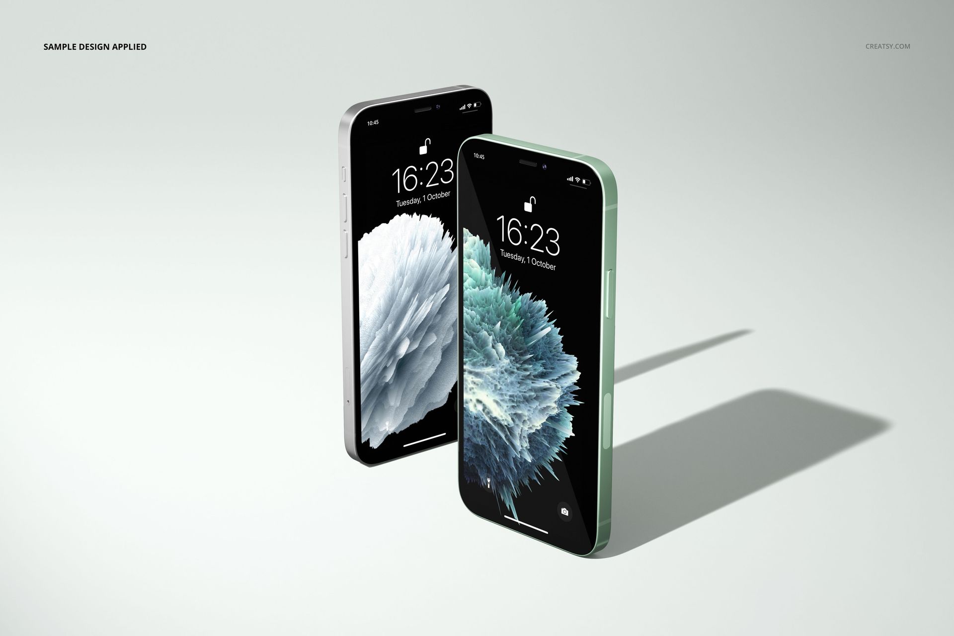 Mockup of two iPhone 12 smartphones upright, each screen featuring a textured abstract image, light gray setting.