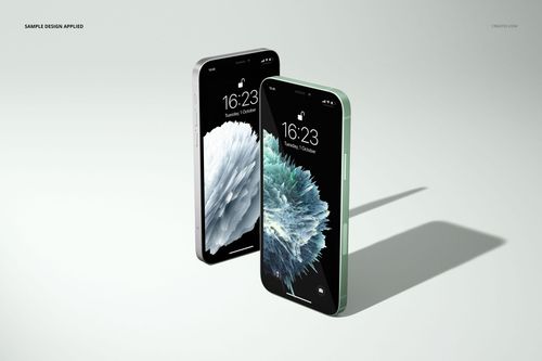 Mockup of two iPhone 12 smartphones upright, each screen featuring a textured abstract image, light gray setting.
