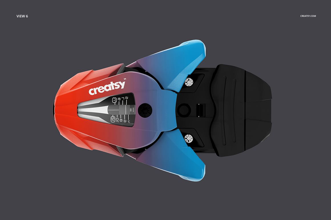 Top view of a ski binding mockup with a gradient design in red, blue, and black on a plain dark background.