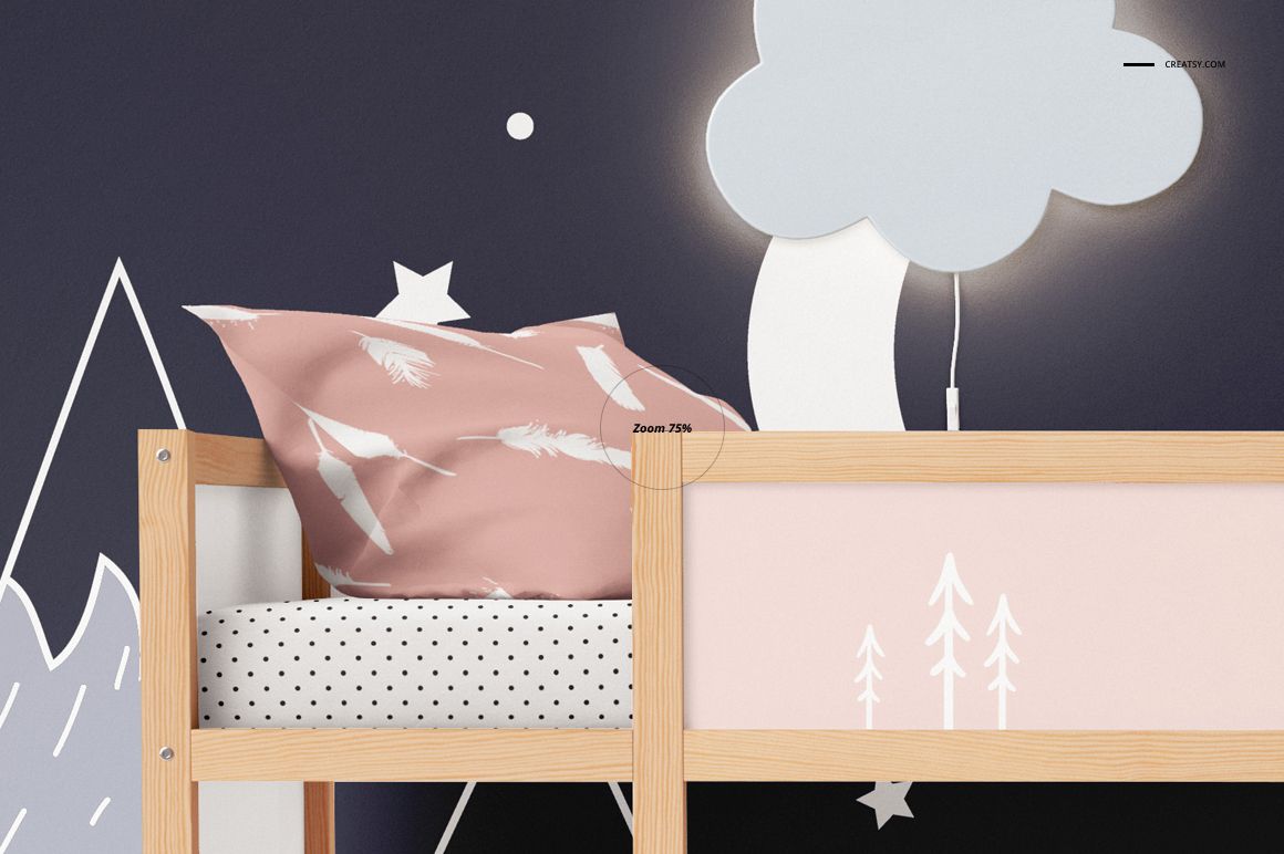 Front view of a children's room mockup with a light wood bed, patterned pillows, and whimsical wall art elements.
