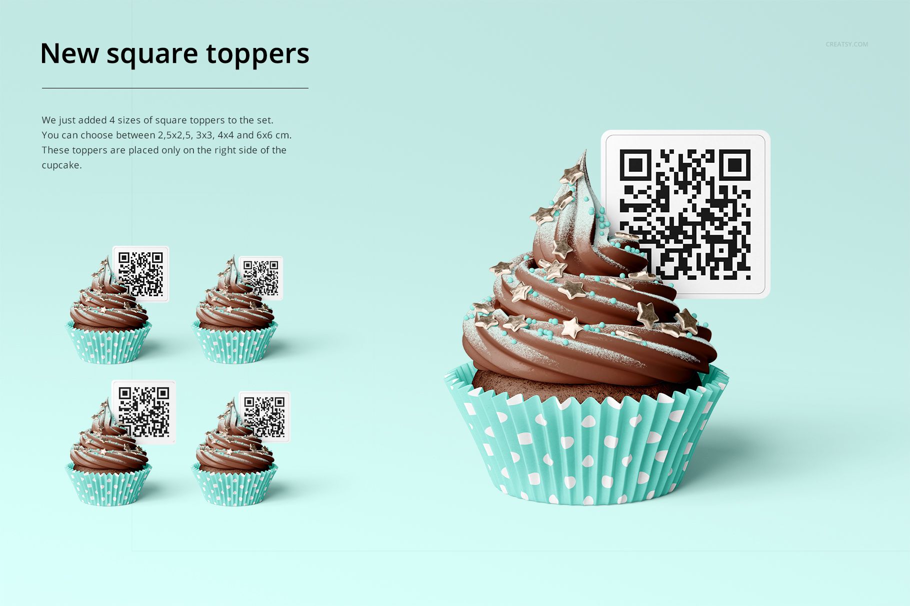 PSD mockup of cupcakes featuring blue polka dot wraps and square QR code toppers, displayed in a clean, minimal party scene.