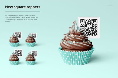 PSD mockup of cupcakes featuring blue polka dot wraps and square QR code toppers, displayed in a clean, minimal party scene.