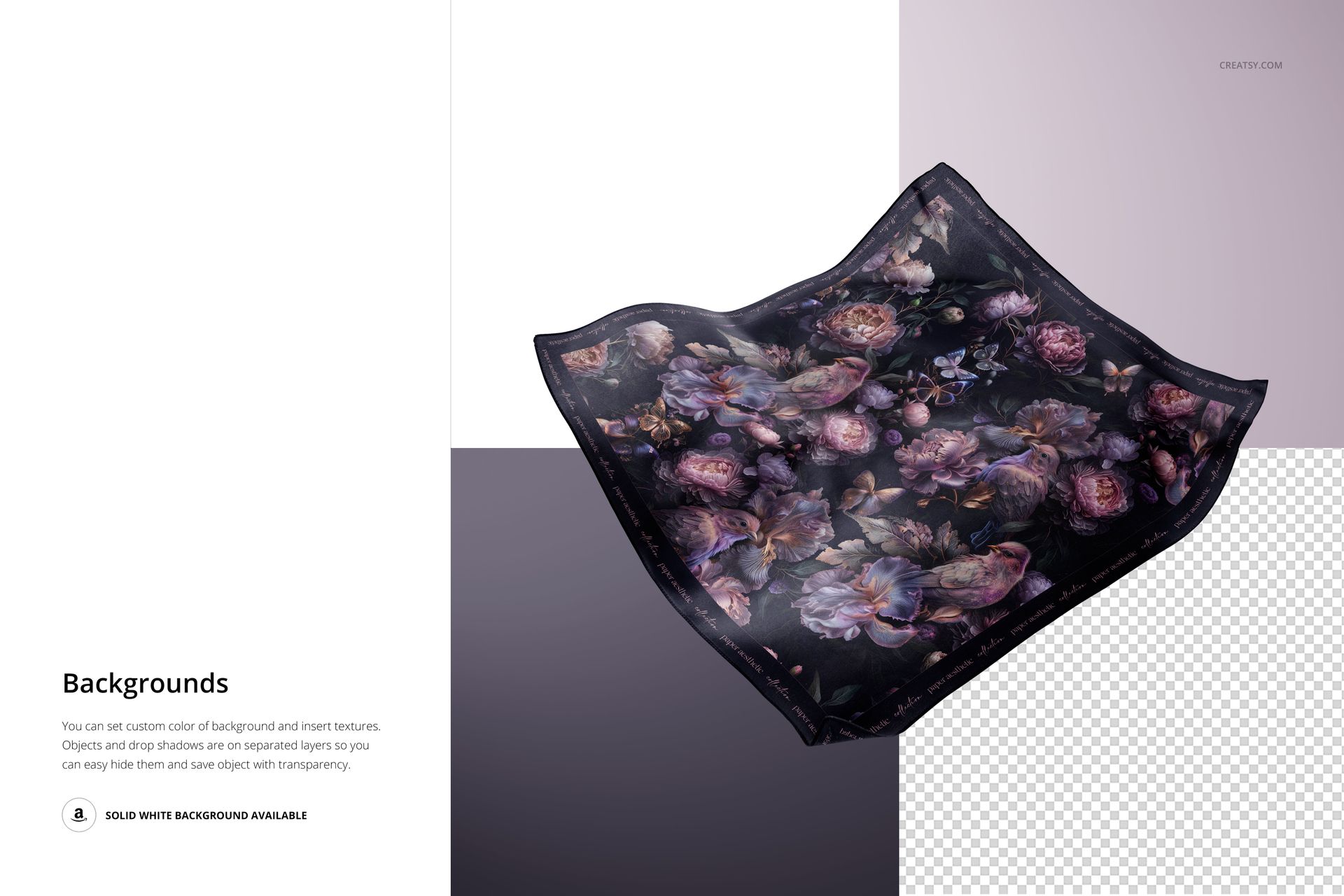 Silk scarf mockup featuring a square shape and detailed purple floral design, displayed against a gradient backdrop.