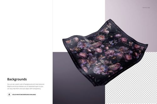 Silk scarf mockup featuring a square shape and detailed purple floral design, displayed against a gradient backdrop.
