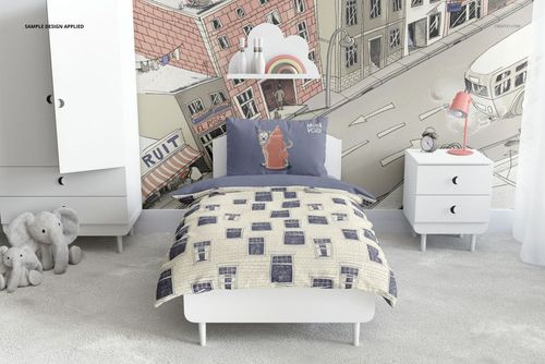 Kids bedding set mockup featuring a bed with patterned duvet and pillow in a modern children's room, front view.