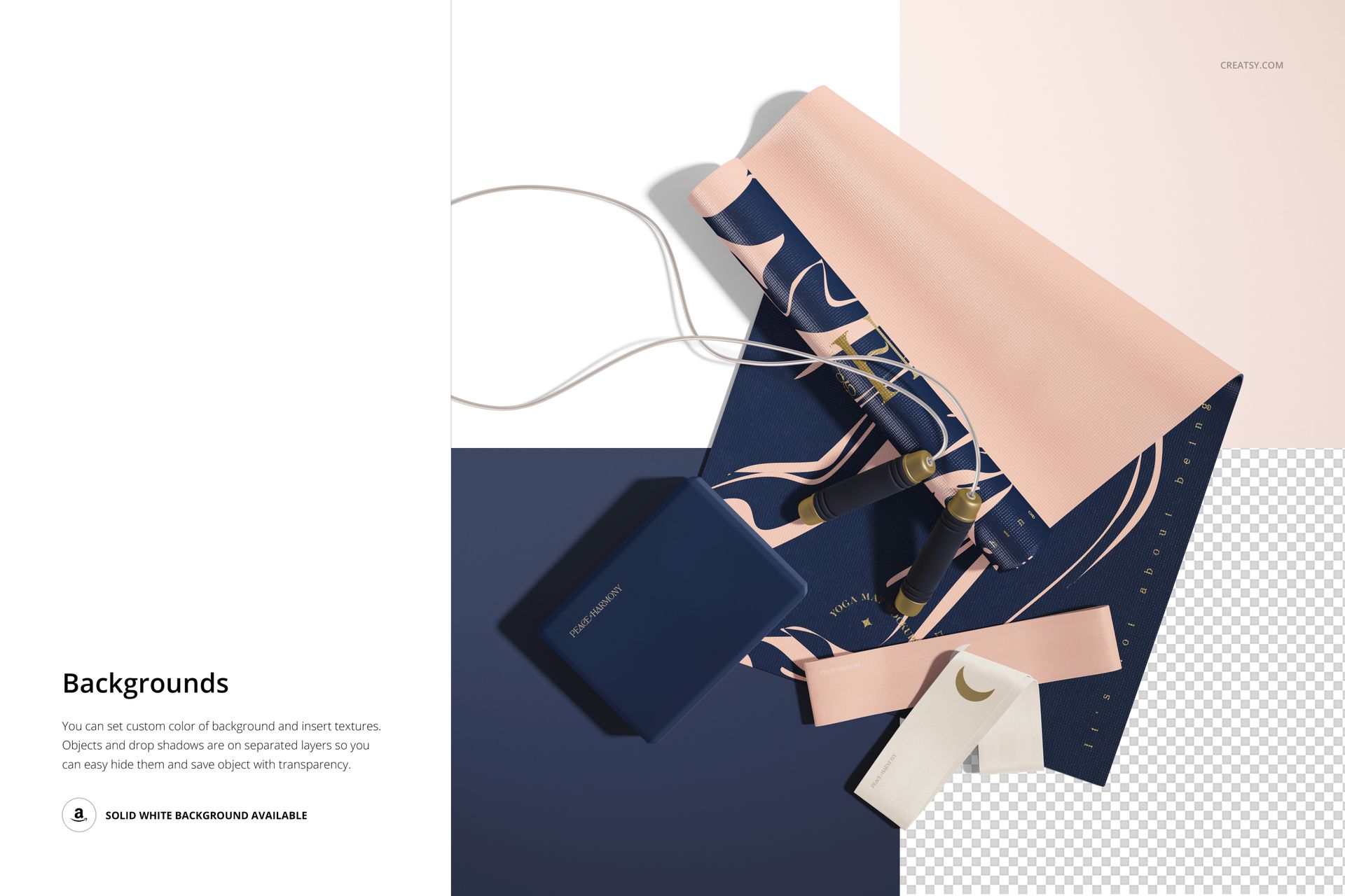 Top view of a yoga mat mockup set with pink and navy mats, straps, and a box on a white background.