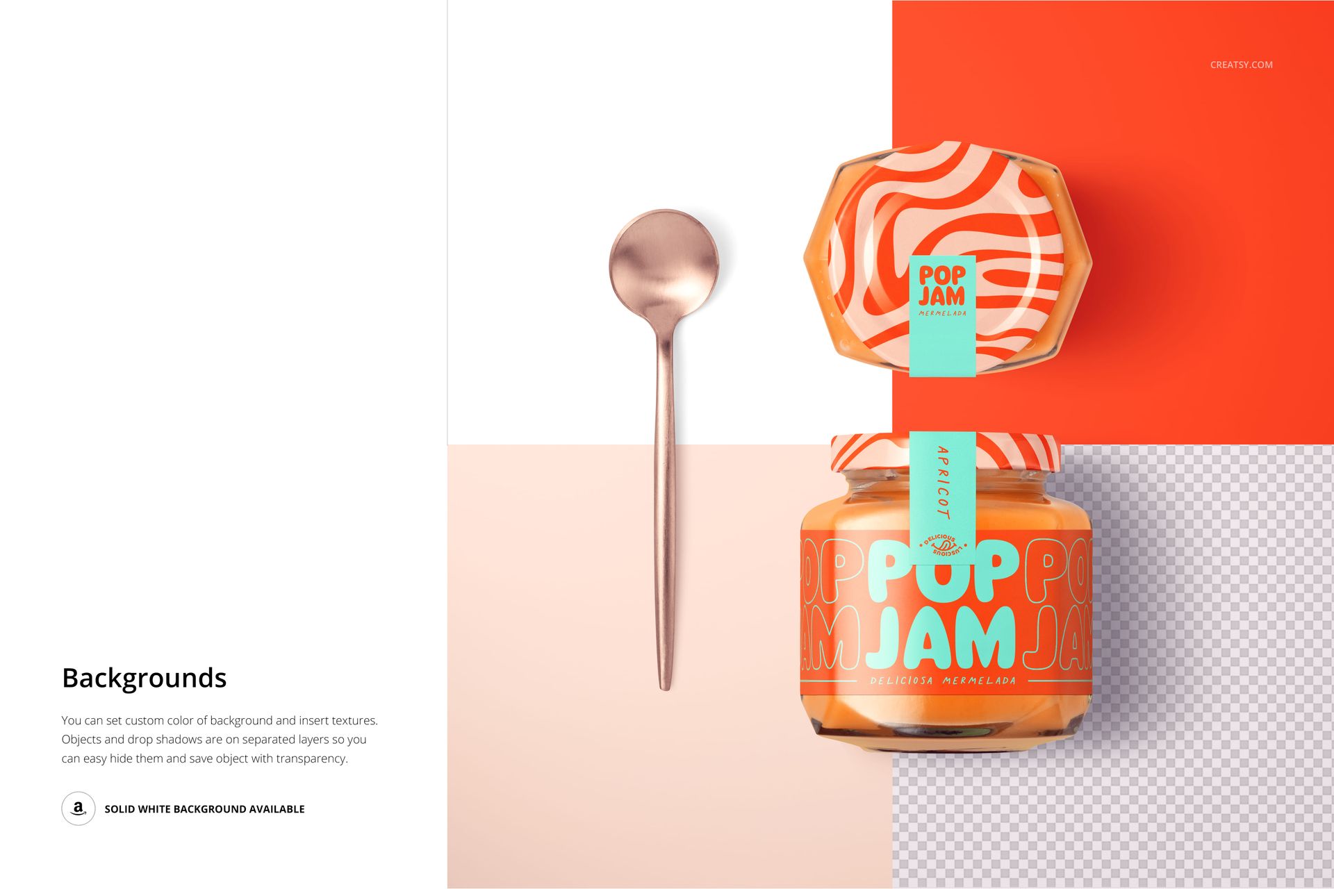 Front view of a persimmon jam jar mockup with an orange and cream label, next to a metallic spoon on a color-blocked background.