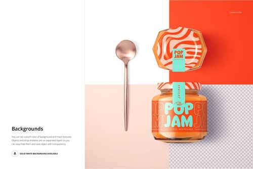 Front view of a persimmon jam jar mockup with an orange and cream label, next to a metallic spoon on a color-blocked background.