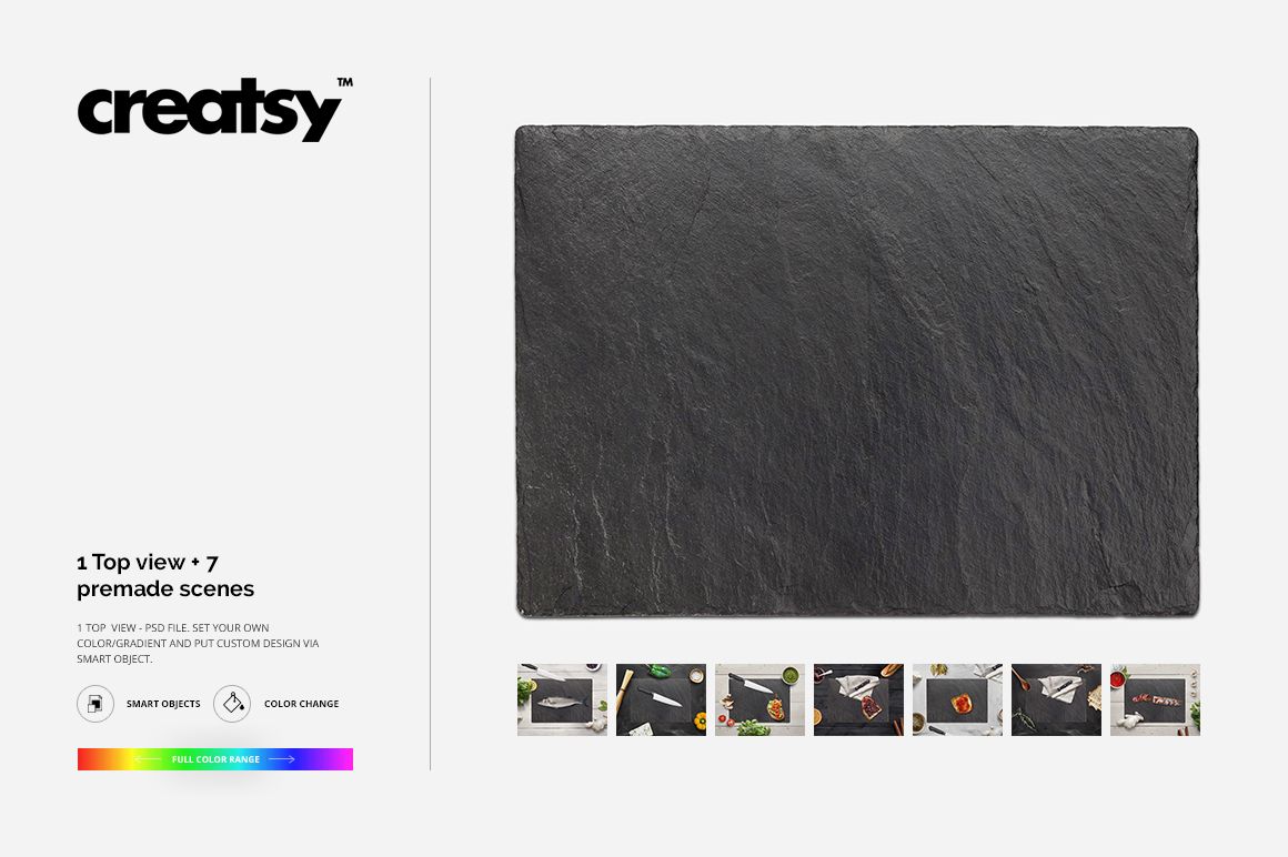 Top view of a rectangular slate plate mockup on a white background, showing natural stone texture and dark gray color.