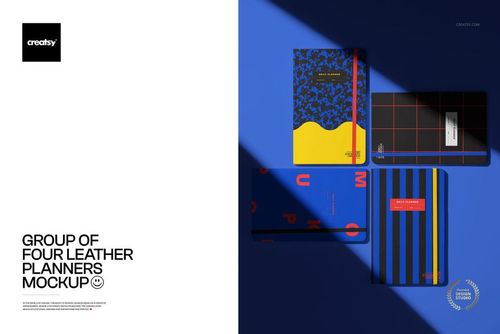 Group of four leather planners mockup showing bold blue, yellow, and black designs from a top-down perspective.