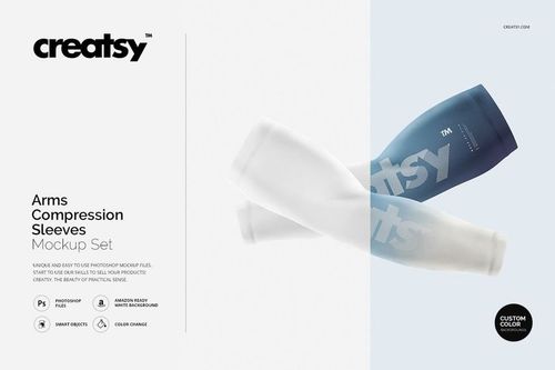 Two arm compression sleeves in a PSD mockup, one white and one blue, displayed on a light background with soft shadows.
