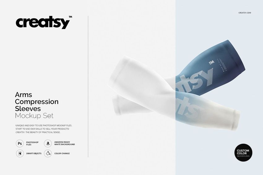 Two arm compression sleeves in a PSD mockup, one white and one blue, displayed on a light background with soft shadows.
