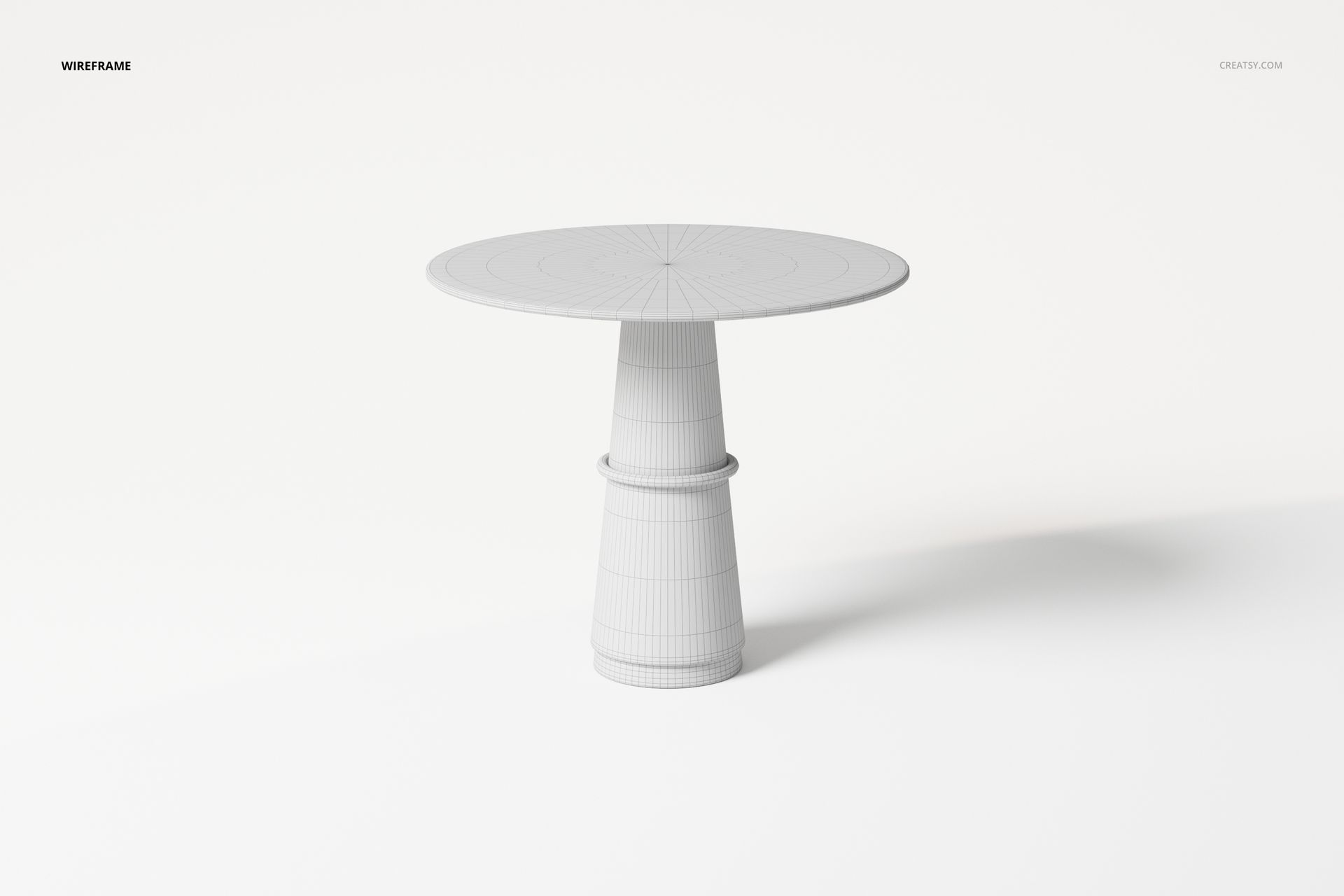 Round pedestal table 3D model in wireframe view, featuring a cylindrical base and circular top on a white background.