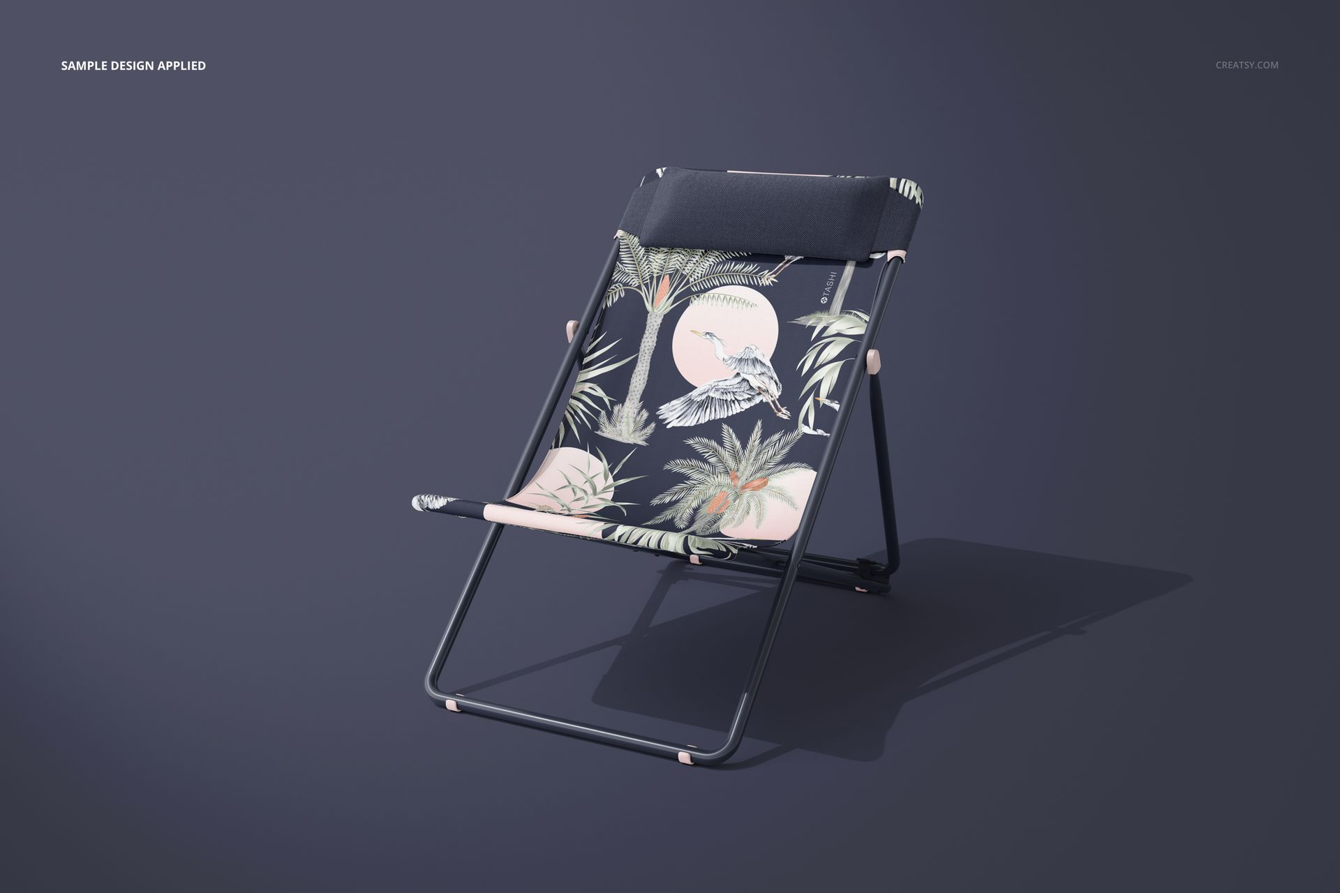 Mockup of a folding beach chair featuring palm trees and birds, displayed against a solid dark backdrop.