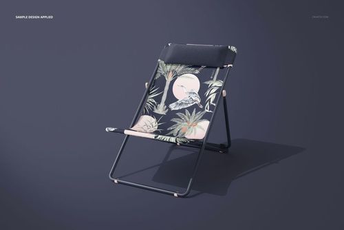 Mockup of a folding beach chair featuring palm trees and birds, displayed against a solid dark backdrop.