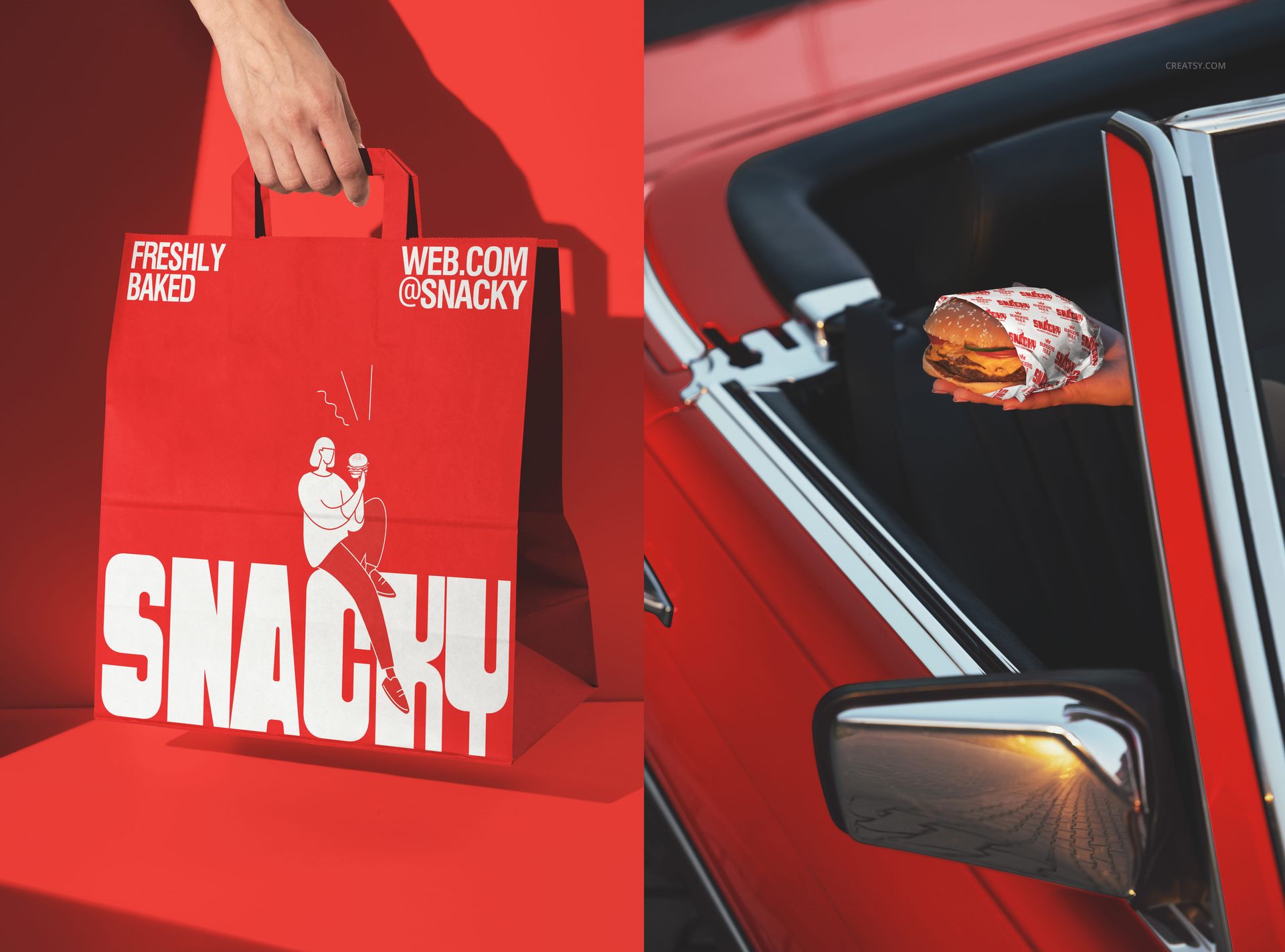 PSD mockup featuring a red branded fast food bag with white print and a wrapped burger in a classic car scene.