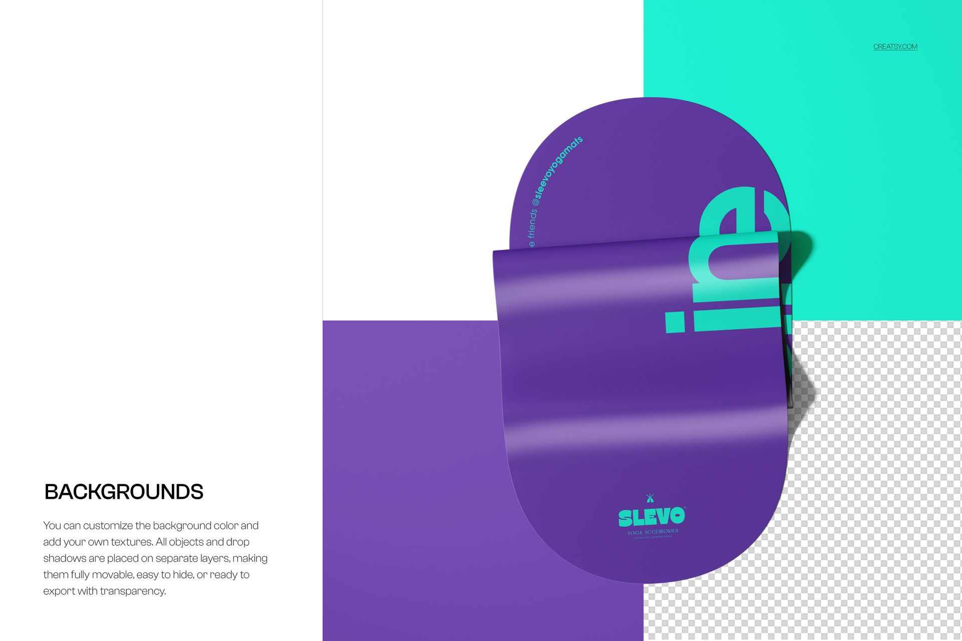 Folded oval yoga mat mockup in purple with turquoise text, shown from a top view on a color-blocked background.