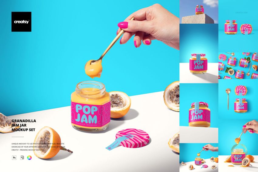 PSD mockup featuring a jam jar with a pink and yellow label, fresh granadilla halves, and a sunny blue scene.