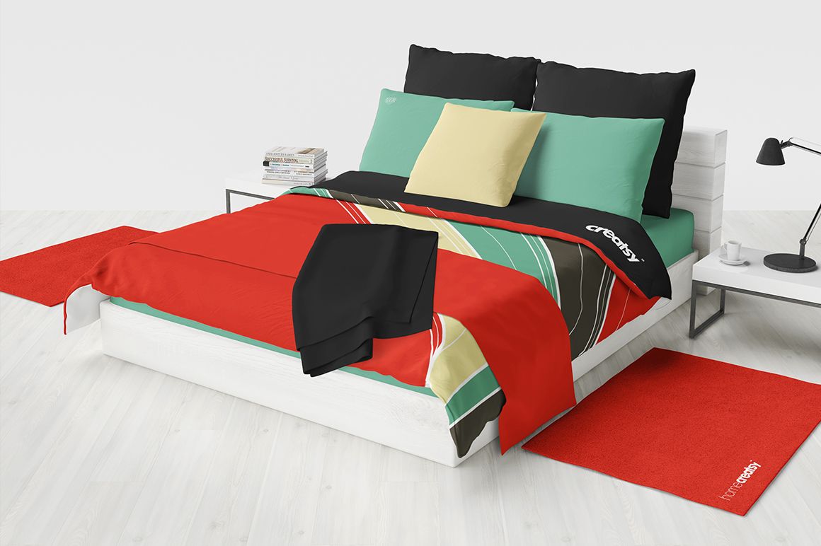 Modern bedding set mockup with colorful quilt, pillows, and blankets arranged on a white bed in a bright room.