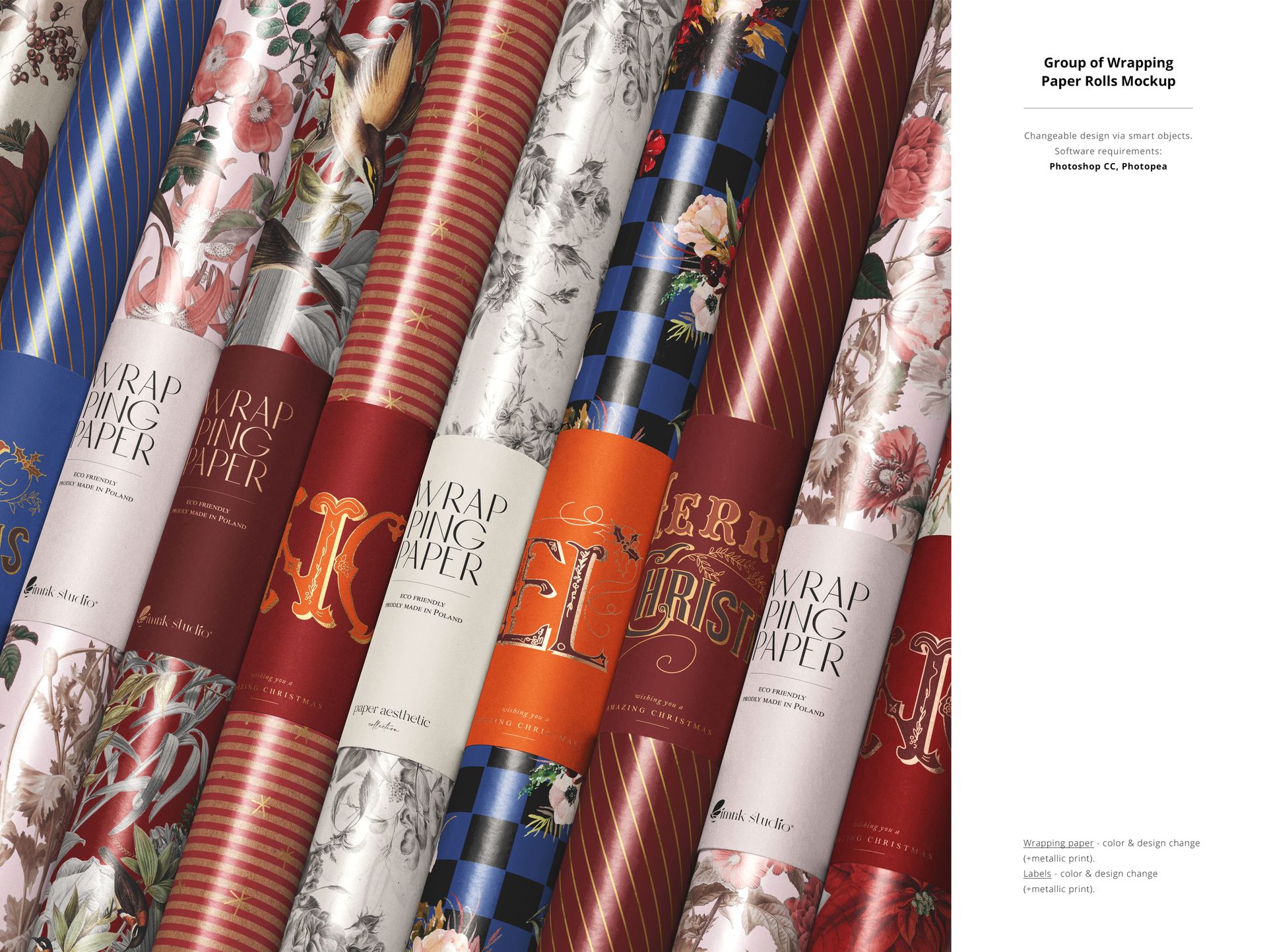 PSD mockup showing a collection of Christmas wrapping paper rolls with decorative prints and seasonal motifs.