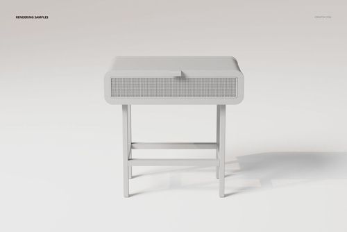 Front view of a rattan dressing table 3D model in light neutral colors, featuring a rectangular shape and mesh panel.