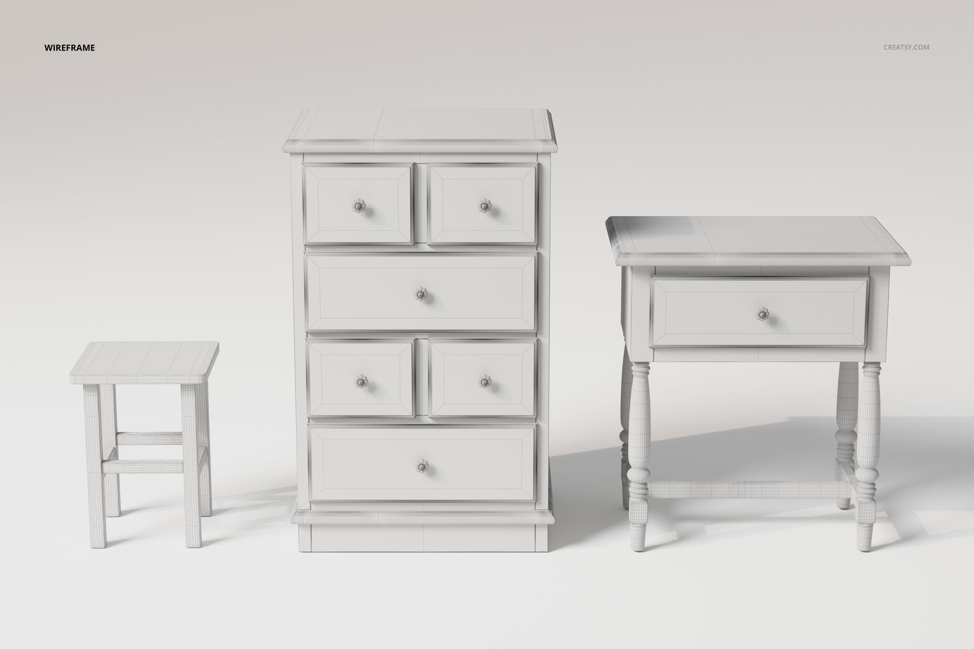 Front view of a white decoupage furniture set including a tall chest of drawers, a side table, and a small stool on a plain background.