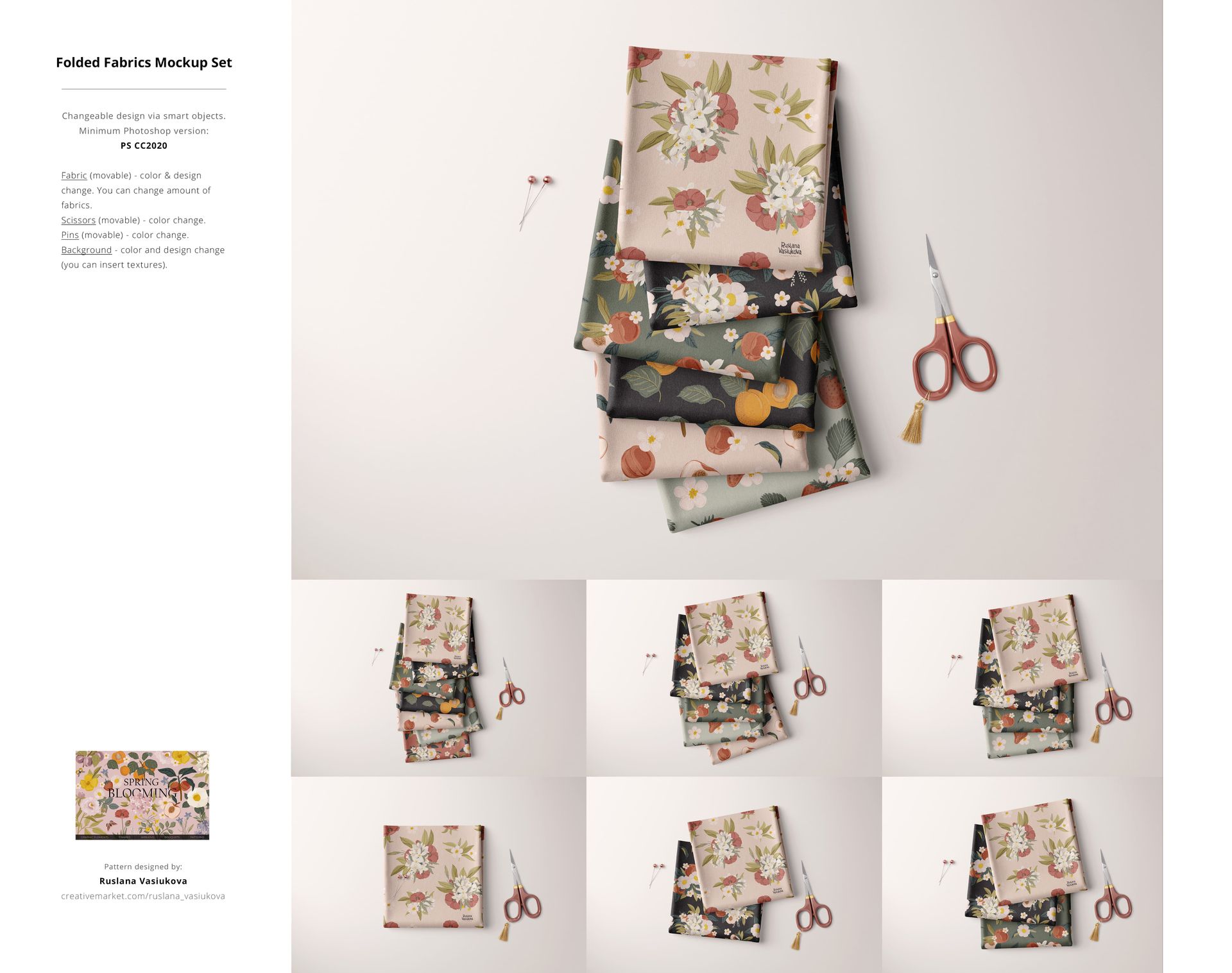 Assorted folded fabric samples in various colors and prints, presented as a PSD mockup bundle with a top-down perspective.