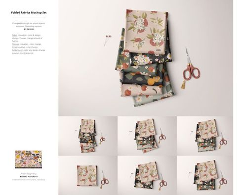 Assorted folded fabric samples in various colors and prints, presented as a PSD mockup bundle with a top-down perspective.