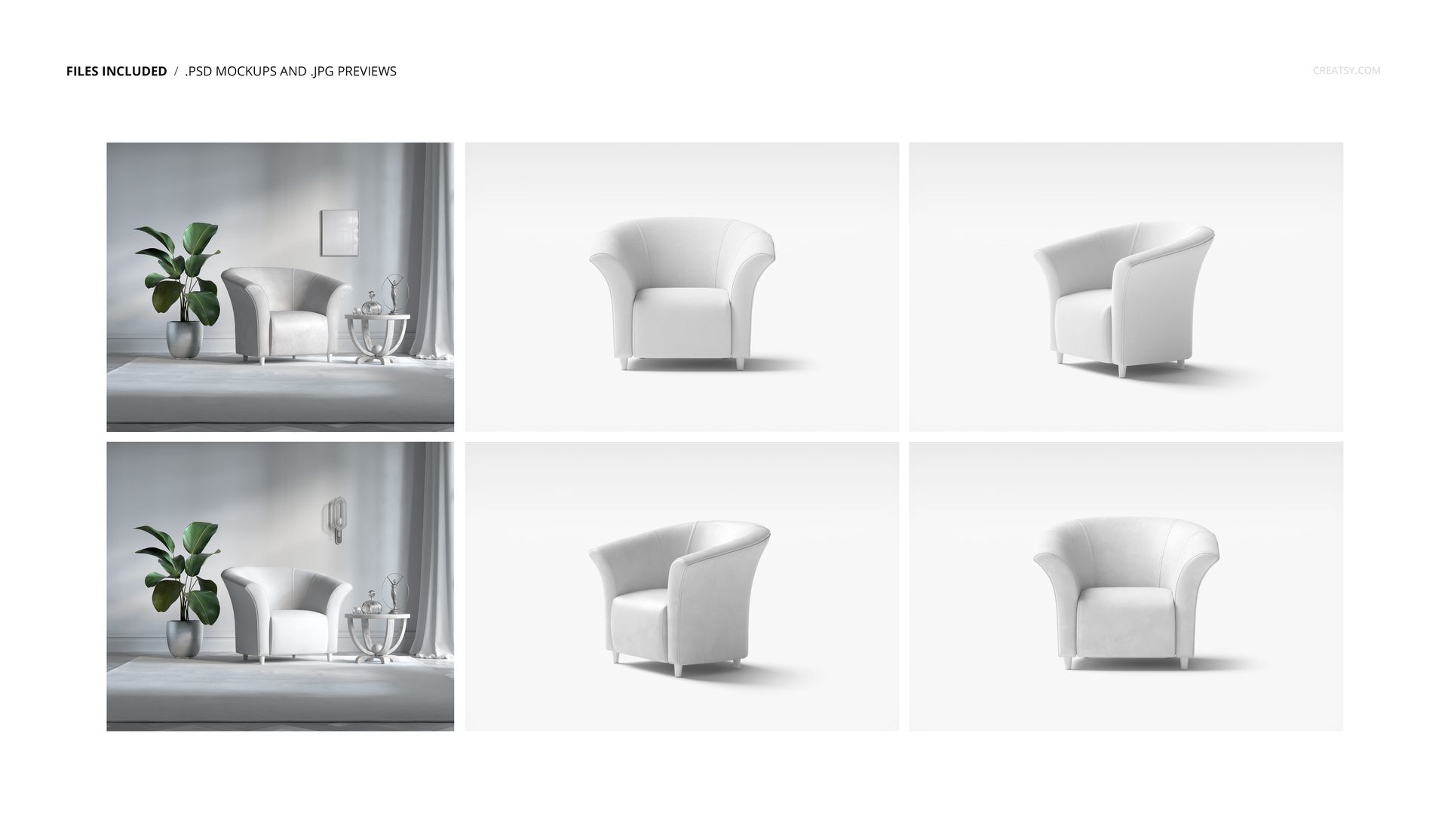 Tub armchair mockup set featuring six views of a modern white armchair, shown in a minimalist room and isolated on white.