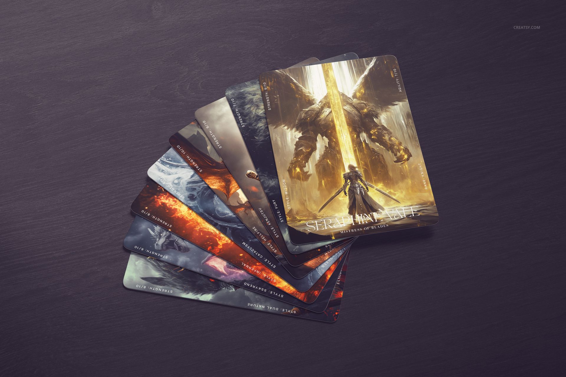 Top view of trading cards mockup with various fantasy scenes, arranged in a spread pattern on a wood background.