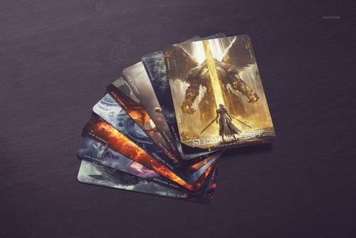 Top view of trading cards mockup with various fantasy scenes, arranged in a spread pattern on a wood background.