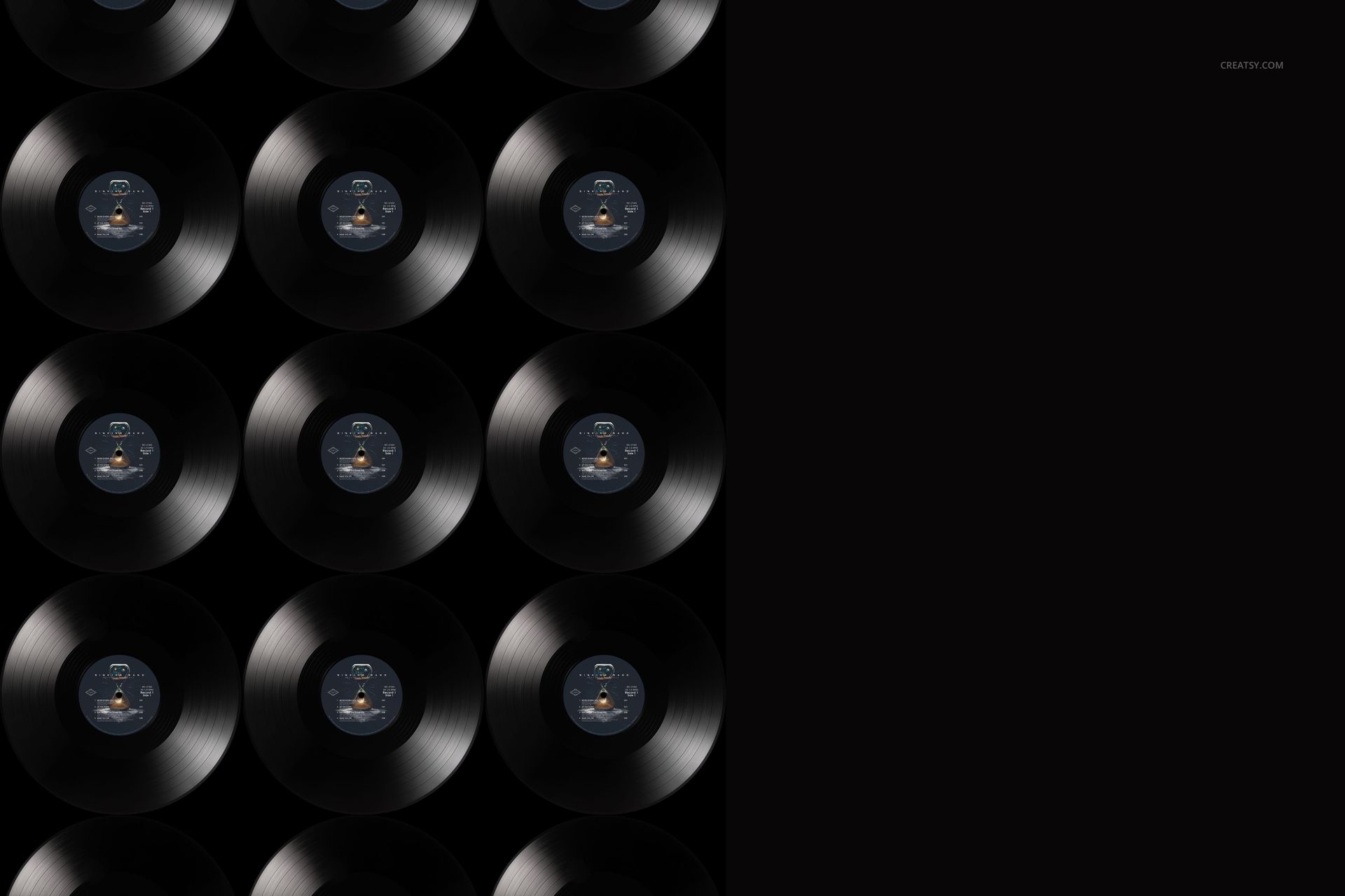 Top view of multiple black vinyl records arranged in a grid pattern on a dark background, music-themed mockup.