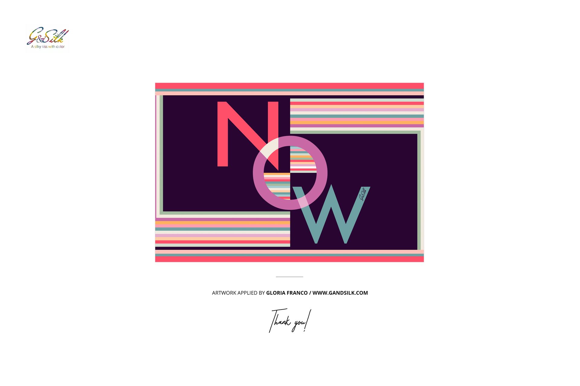 Rectangular silk scarf mockup featuring a bold NOW text design with multicolored stripes on a dark background.