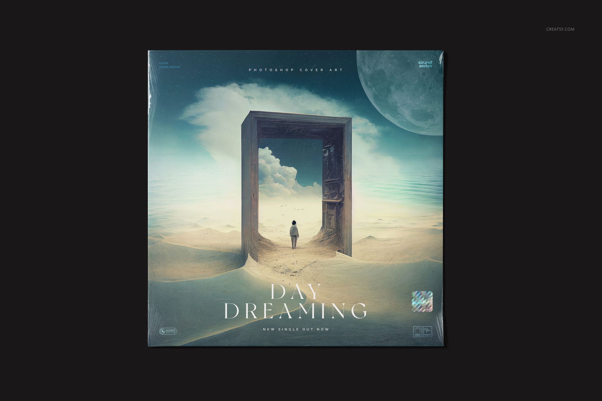 Front view of a colored vinyl record mockup featuring surreal desert artwork with a large doorway and moon in the sky.