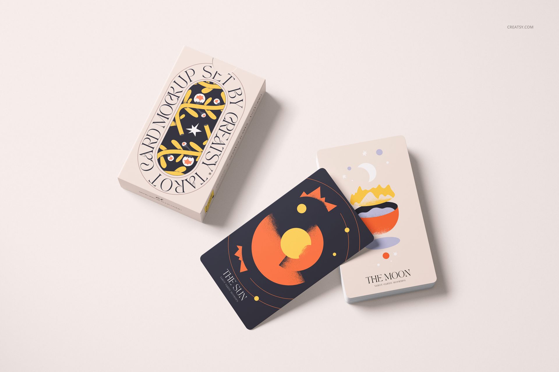 Tarot cards mockup set with illustrated card faces and box, arranged on a pale background in a flat lay style.