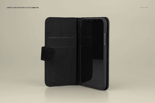 Black foldable phone case mockup for iPhone X, displayed open with visible interior and phone screen.