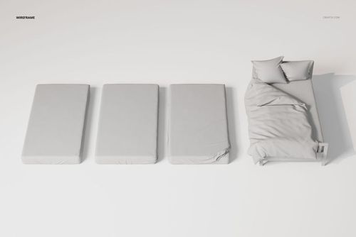Top view of a twin bed with three types of bed sheets, including a fully made bed with pillows on the right.
