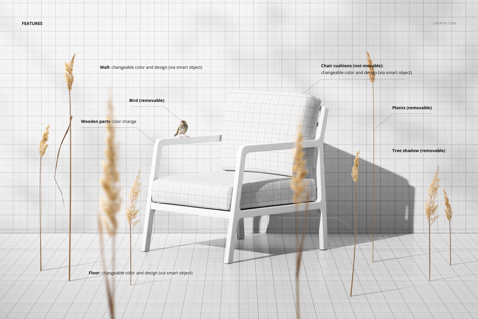Mockup of a lounge chair with white cushions and grid lines, viewed at an angle with plants and tree shadow in the scene.